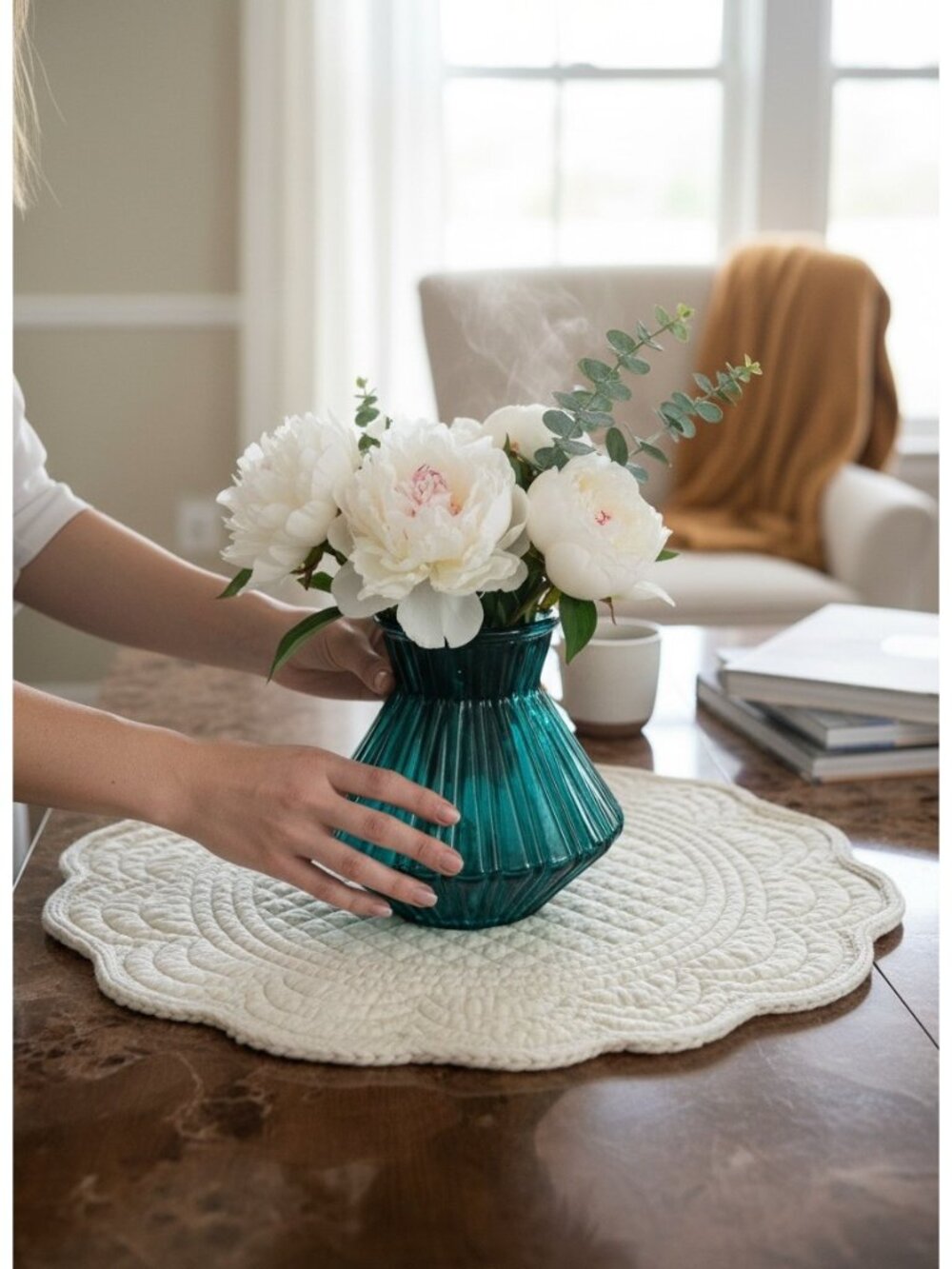 Teal Glass Fluted Vase With Wide Base & Narrow Opening Ribbed - Vintage